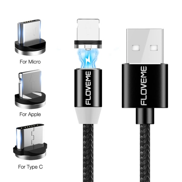 TG FLOVEME Magnetkabel 3 i 1 Lightning, USB C, Micro-USB, 1A, 1m