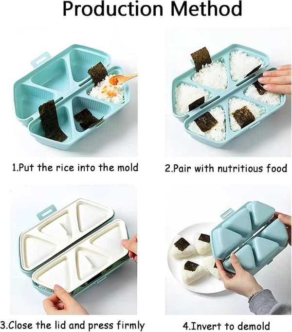 6-i-1 triangulär sushiform för risbollar med rissked och rengöringssvamp, hopfällbar non-stick onigiri-press för matlåda, picknick, lunch, blå