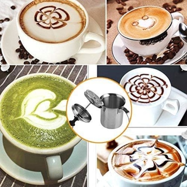Galaxy 400 ML manuell mjölkskummare, skummare i rostfritt stål med mesh , Cappuccino Latte kaffeskum kanna, med håndtag