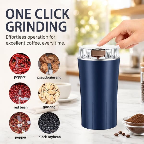 Elektrisk kaffekværn 300W med skål i rustfrit stål, One-Touch krydderikværn til bønner, krydderier, hørfrø og nødder, blå