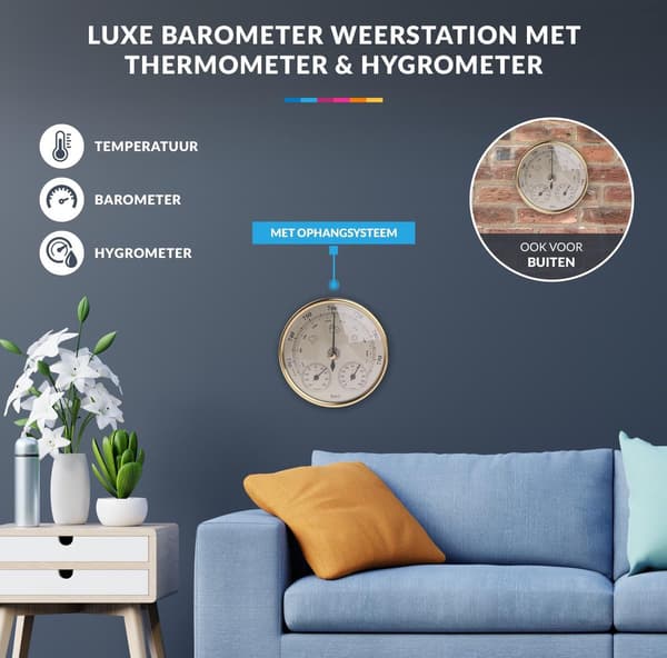 Barometer Termometer Hygrometer, Analog väderstation i mässing för väggmontering, 12 cm (4,7 tum), Guld, för inomhus- och utomhusbruk i hem och kontor