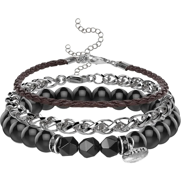 Galaxy 3 stk. justerbare armbånd (perle armbånd, PU-læder armbånd, rustfrit stål armbånd), sort + brun + sølv