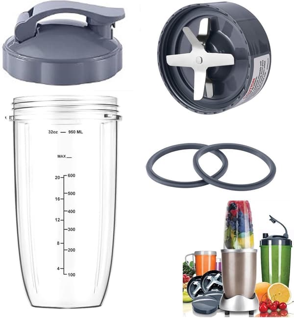Passar Nutribullet Blenderkopp och Bladbytesats - Inkluderar Stor 32oz (946.4ml) Kopp - 1 Uppfällbart Bärlock - 1 Premium Extraktorblad