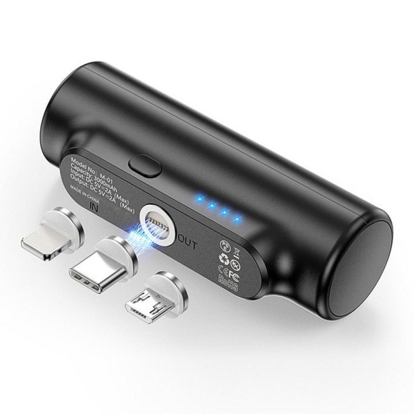 3000mAh Bærbar Powerbank USB-C/ Lightning / Micro USB Svart