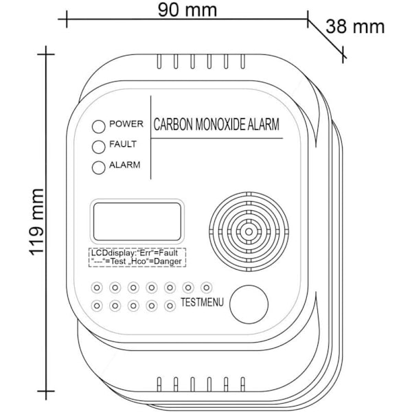 Kolmonoxiddetektor, batteridriven, gasdetektor med display och temperaturindikator