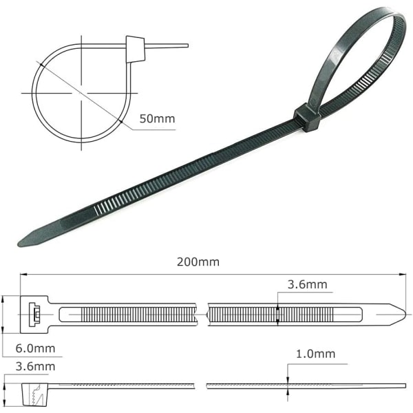 TG 500-pack 200 mm x 3,6 mm Svart Beeway 8 tums Premium Slips Wraps, St