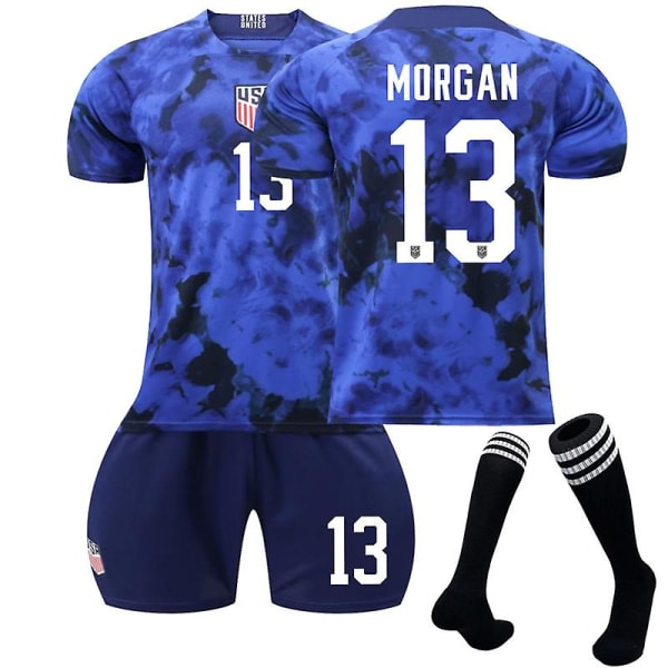 Usa tröja Borta-VM Qatar 2022 Morgan #13 Fotbollstrøya T-shirt Shorts Kit Fotboll 3-delade sett for barn Vuxna Adult XS（160-165cm）