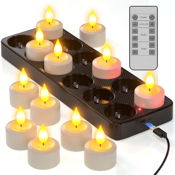 12 Rechargeable LED Tealights with Charging Station, Timer for Home Decor