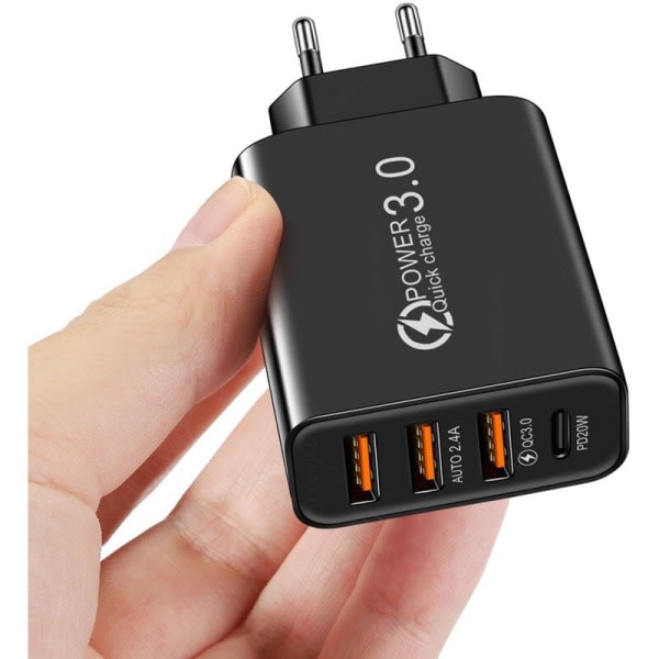 Galaxy Quick Charge 3.0 USB-strømadapter og USB-C-kabel, QC 3.0 30W/6A 4-ports hurtig vægoplader, kompatibel med Samsung Galaxy S10/S9/S8 Plus/Note 8