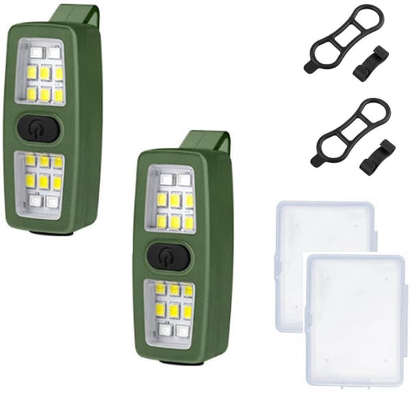 LED Clip-On Forlygte, USB-C Genopladelig, 7 Tilstande, 200 Lumen, 2-pak, Grøn, Til Løb, Camping Og Vandring