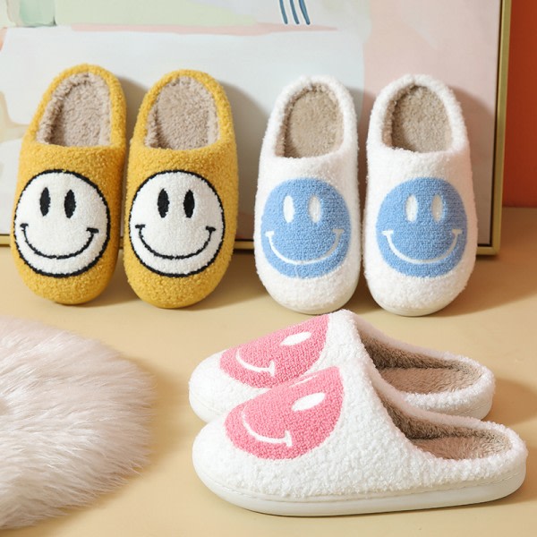 Retro Leende Ansikte Mjuka Plyschtofflor Bekväma Varma Slip-on Tofflor för Par Vinter Varma Inomhustillbehör 1 par