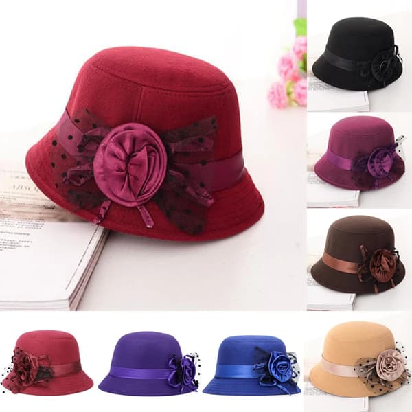 Filtmössa Fall Cloche Hink Blommös Cap Elegant Dam vinröd