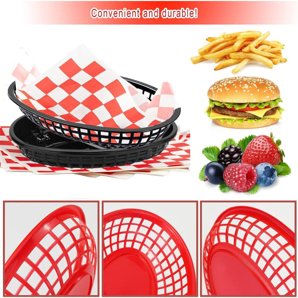 Galaxy Paket med 6 Återanvändbar oval plastservering för pommes frites Räklökringar Fruktfest (röd och svart)
