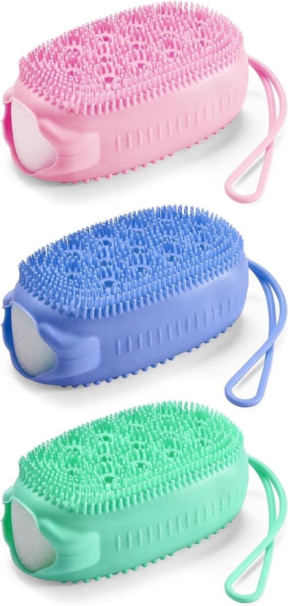 Set om 3 - Blå, Grön, Rosa - Silikonduschborste - Exfolierande Duschborste - Dubbelsidig Duschborste i Silikon