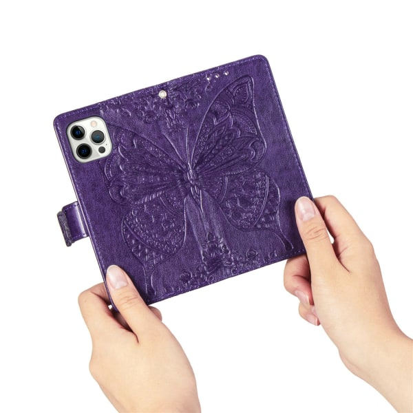 Premium PU-læder Glansfuld Diamant Sommerfugl Præget Wallet Shockproof Flip-etui til iPhone 14 Pro Max