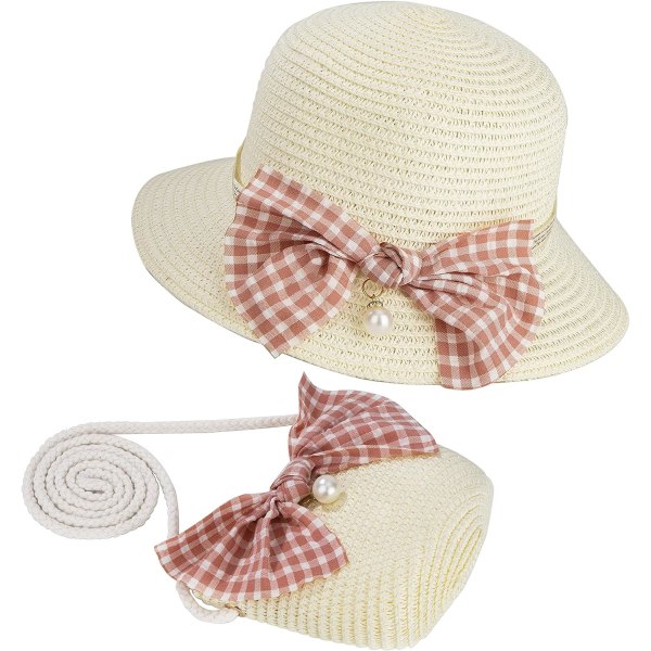 Galaxy Flickor Halmhatt og Mini Halm Cross Body Bag-sett med sløyfedekorasjon Summer Beach Sun Hat