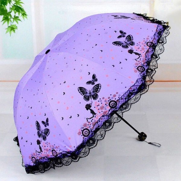 Miniparasoll Enkel Fjäril Flygande Spets Bärbar Solig Regnig Dag Liten Anti-UV Flicka Utomhusparaply Storlek 98*65 cm (Lila)