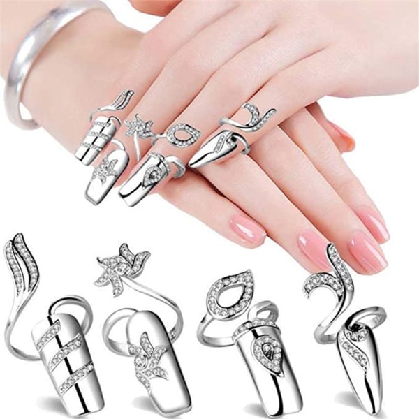 Strass Nagelring Fingerspets Justerbar öppning Nail Art Charms Tillbehör For Kvinnor Flickor, Silver