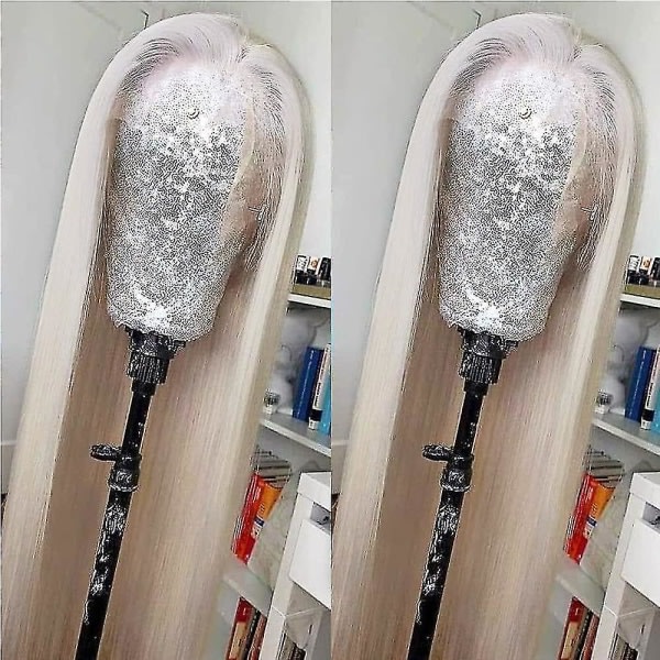 TG Vit Hårfarve Spids Front Paryk Langt Glat Hår Parykker Platin Blond Varmebestandig Fiberhår Sy