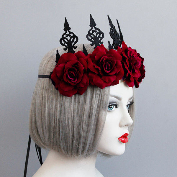 Lady Queen Hodekrans Vintage Gotisk Svart Krone Røde Roser Tiara Pannbånd H