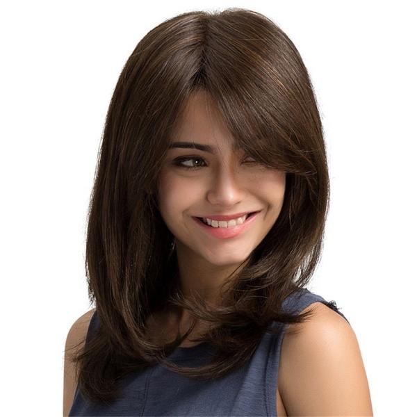TG Peruk Damperuk Lång Rak Syntetisk Peruk Full Bangs Andas Brun