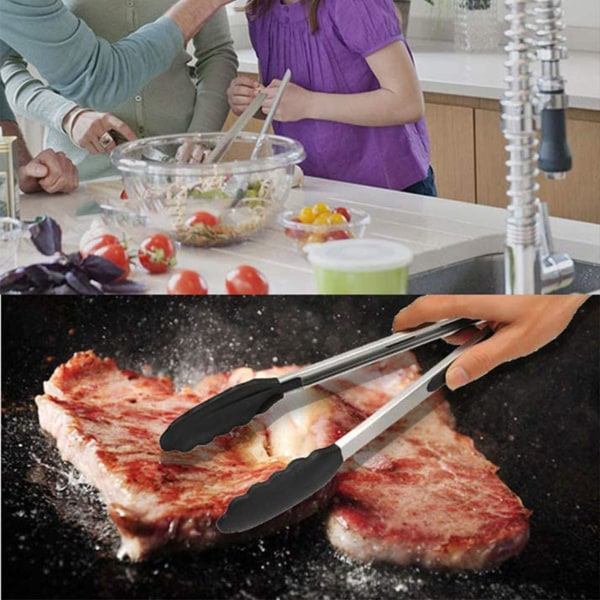 Grilltang Kjøkken Tang Silikon Laget av Rustfritt Stål og Varmebestandig Silikonhåndtak - Svart
