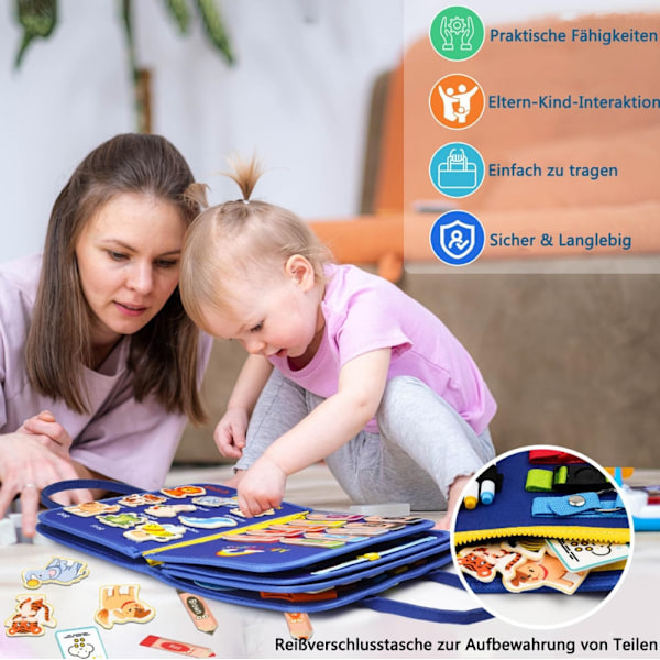 Montessori Busy Board för Barn 1-4 År, 12-Sidig Aktivitetsleksak med Dragkedja
