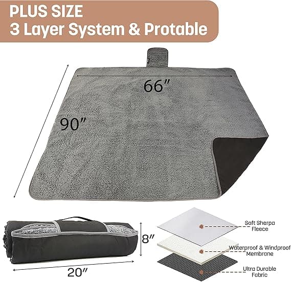 Waterproof Outdoor Blanket with Sherpa Lining, Windproof Triple Layer Warm Comfortable Foldable for Camping Stadium, Beach, Picnic, Grass, 150*200cm