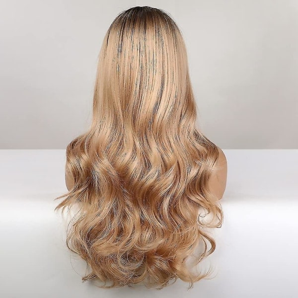 TG Ombre Blond Lång Vågig Peruk för Kvinnor Mellandel Vågig Peruk Syntetisk Värmebeständig Party Peruk Naturlig