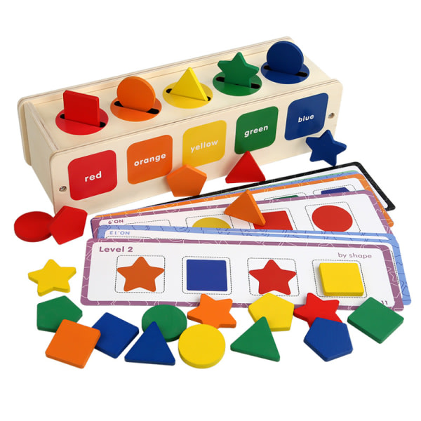 Montessori-leksak, farge- og formsortering av tändsticksaskspel, formsorterare for pedagogiska leksaker med 25 geometriblock og 14 frågesportkort