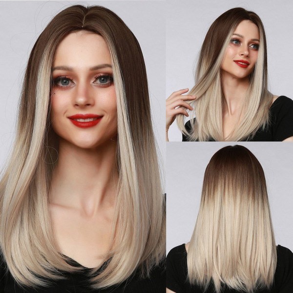TG Peruk Damperuk Lång Rak Syntetisk Peruk Full Bangs Andas Gul