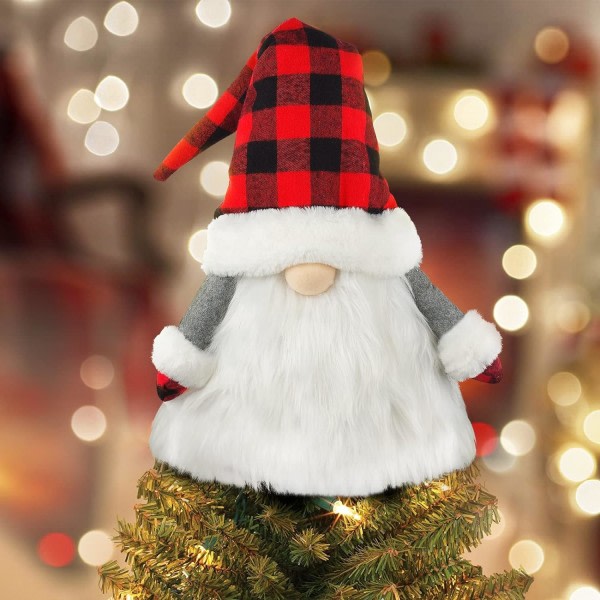 Tomte Julgranstopp Handgjord Tomte Jultomtar Ornament Julgransdekorationer, Skandinaviska Julgransprydnader med Rutiga Hattar för H