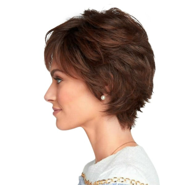 TG Dam Medium Brun Fluffig Kort Lite Lockig Peruk Naturlig