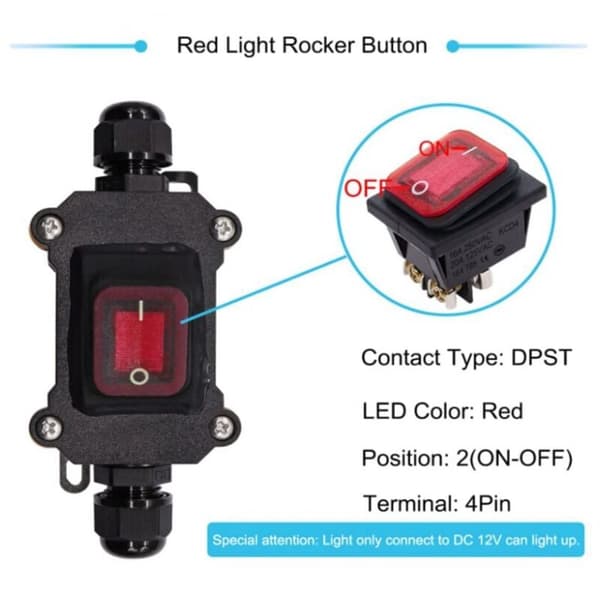 Vedenpitävä kytkin IP67, 12 V DC, 20 A, vedenpitävä suurvirtakytkin