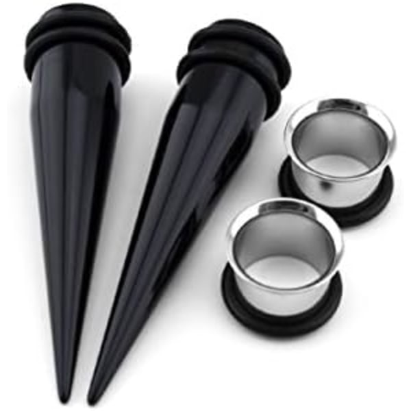 9mm Ørepiercing Strekksett - 2 Svarte Akryl Tapers & 2 Ståltunneler (4 Deler)