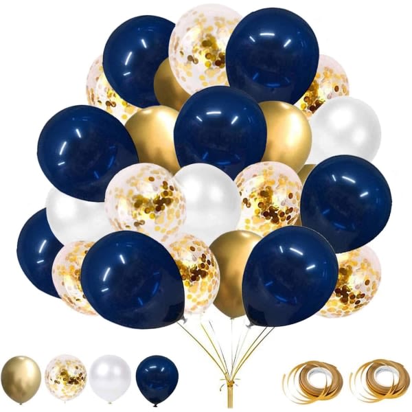 Sæt med 60 ballonger, 12 tums marinblå ballonger guld metallisk bolle