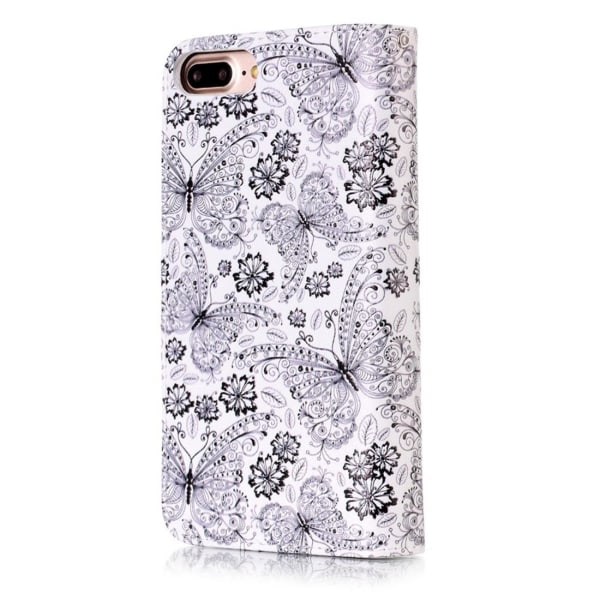 Plånboksfodral för iPhone 8/7 Plus - Vit med fjärilar och blommor Vit, svart