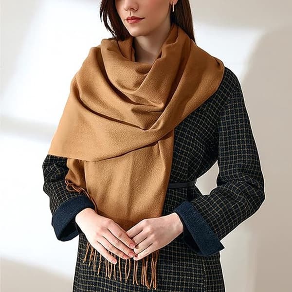 Damvävd halsduk, mjuk imitation kashmir polyester, lång bred fransad sjal för höst vinter, mörk kamel, 70 x 200 cm Light camel