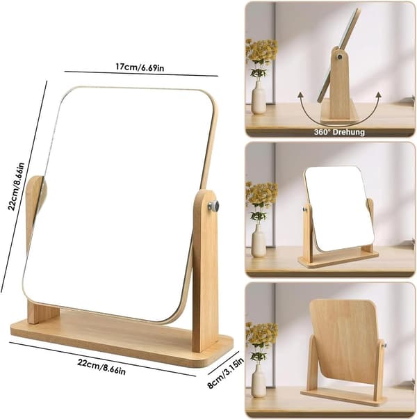 Sminkspegel i trä för bord med 360 graders rotation, rektangulär HD-sminkspegel för byrå, sovrum, badrum, 24,5 x 19,5 cm