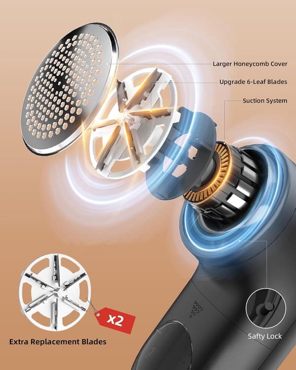 Elektrisk fnugfjerner, genopladelig stofshaver med LED-display, 3 hastigheder, 6-bladssystem, til tøj, hjem og rejser, sort