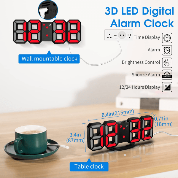 3D LED digital vekkerklokke, veggklokke, 3D LED vekkerklokke, rød