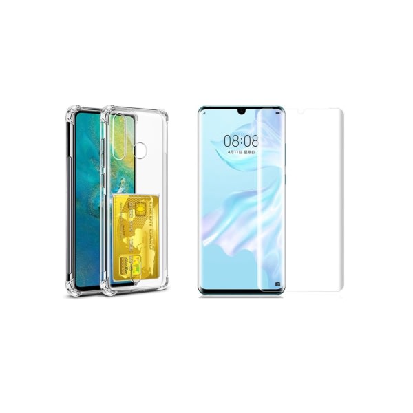 TG Huawei P30 Lite - 1 Sarja Koteloa Korttitaskulla & Pehmeä Näytönsuoja Läpinäkyvä