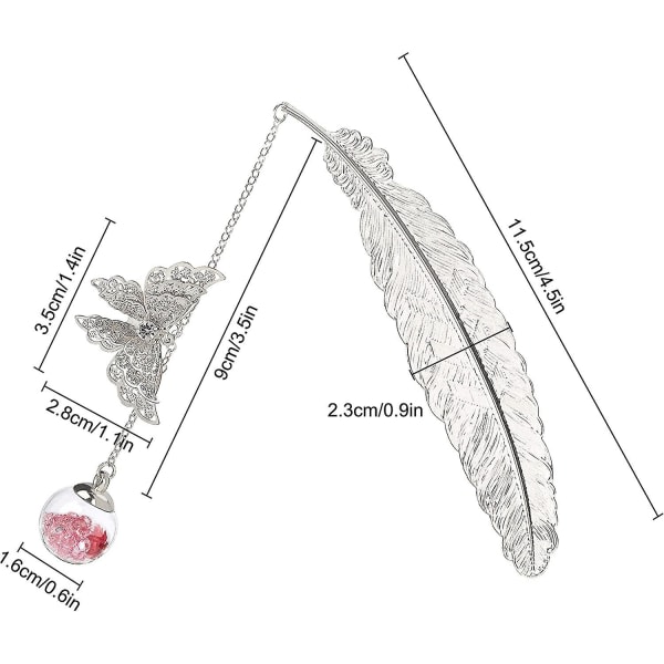 Metallfjørfjærbokmerke med sommerfugl og evig tørre blomster glassperler anheng, bh gave til voksne og barn, sølv fjær rose rød blomst