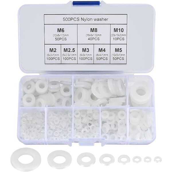 500 stycken platta brickor i nylon, platta brickor isolering rund distansbricka VVS-sortimentskit - Vit, M2/M2.5/M3/M4/M5/M6/M8/M10