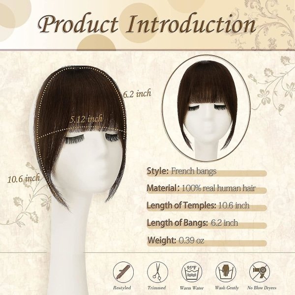 TG Clip In Bangs Ekte Hår Extensions Franske Bangs Flat Neat Bangs Clip Air Bangs (mellombrun)
