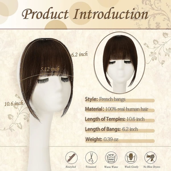 TG Clip In Bangs Real Hair Extensions French Bangs Flat Neat Bangs Clip Air Bangs (mellanbrun)