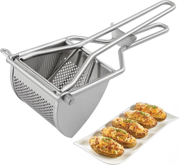 Potetpresse, Multifunksjonell Mosestamper i Rustfritt Stål for Poteter, Gresskar, Babymat og Fruktpuréer, Sølv, 12 cm