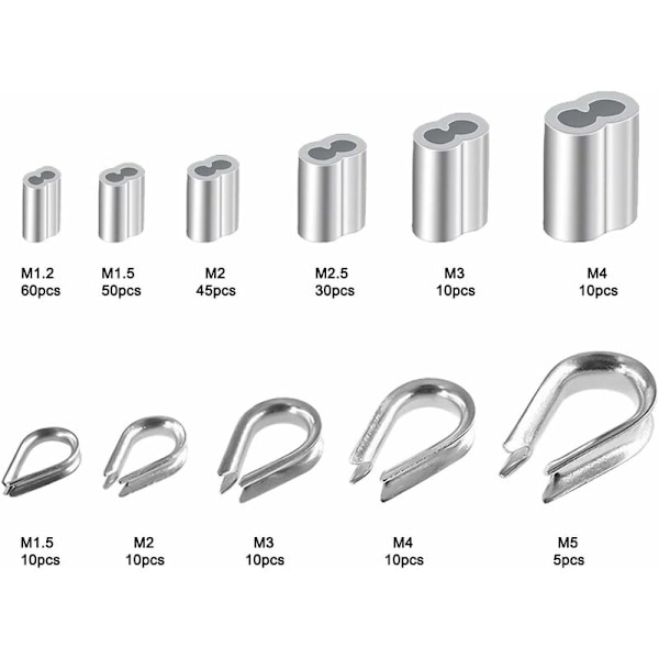 250 stk. 6 Størrelser Aluminium Wire Tau Kauser Sortiment - Doble Hylser & 5 Størrelse Kauser for Wire Tau