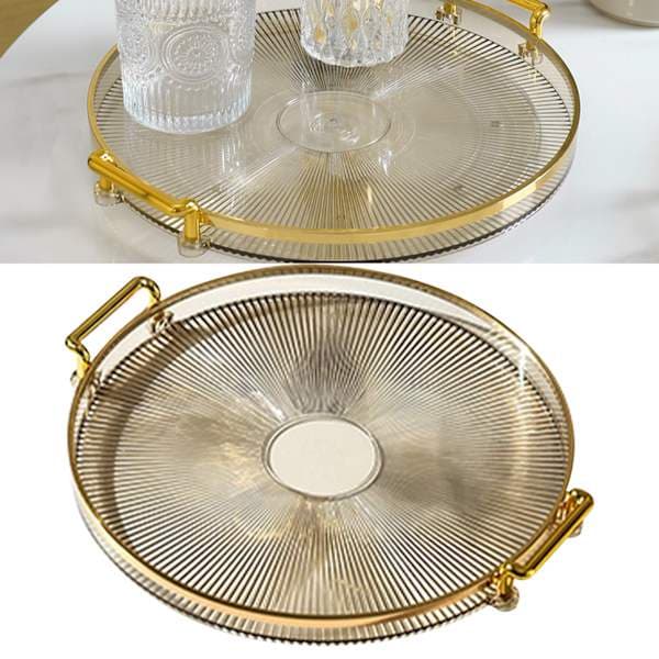 Round Tray with Handle Multifunctional Transparent Round Serving Tray for Bread Fruit Dessert Snacks Kitchen Bathroom Amber Gold