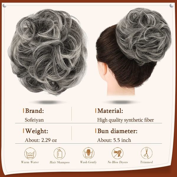 TG Claw Clip Messy Bun Hårstykke til kvinder, grå og hvid